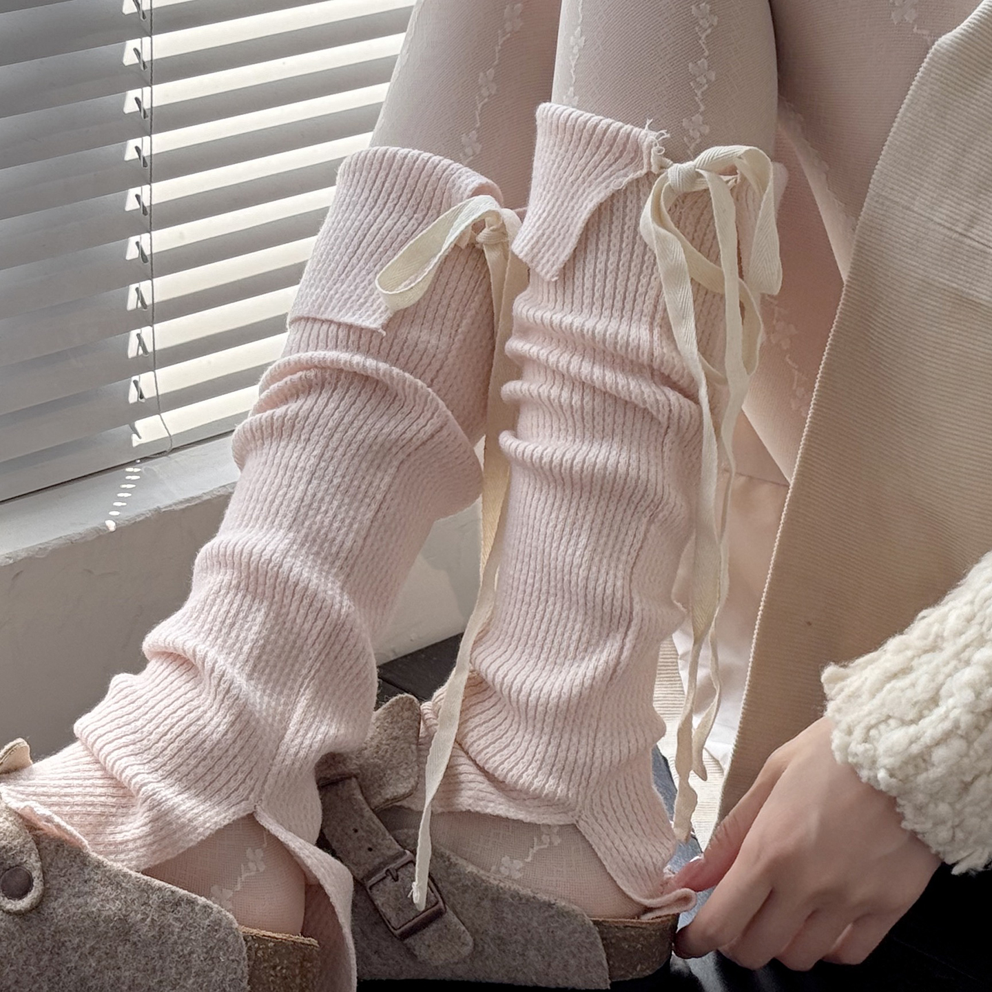 秋冬款加厚保暖粉色袜套白色腿套