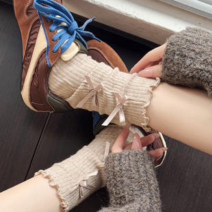 咖色中筒袜子女初秋款 亮丝jk米白小腿袜甜美蝴蝶结堆堆袜灰色短袜