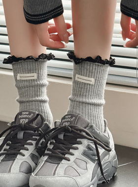 浅灰色小腿袜女秋冬款蕾丝花边短袜子加厚保暖羊毛白色中筒堆堆袜
