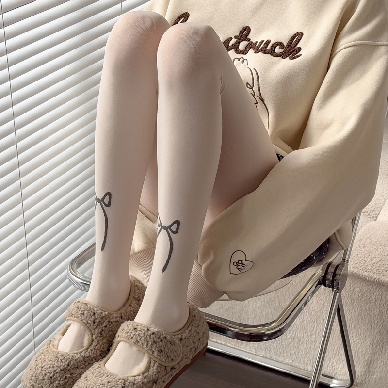 日系米白色丝袜春秋款甜美蝴蝶结烟灰色连裤袜哑光显瘦黑丝打底袜