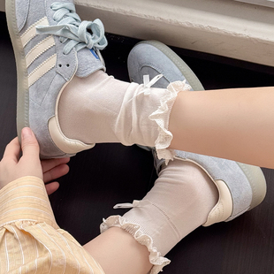JK奶白色中筒袜甜美洛丽塔小腿袜 蕾丝花边蝴蝶结短袜子女春夏薄款