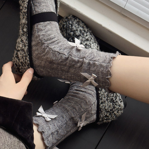 烟灰色小腿袜女秋冬款棉质蝴蝶结堆堆袜白色麻花麦穗咖色中筒袜子