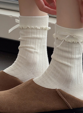 秋冬款浅灰色中筒堆堆袜木耳边甜美jk奶白小腿袜女蝴蝶结咖色短袜
