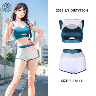 得体社 性感桃黑运动背心套装透明网布拼接健身可爱短款cos二次元