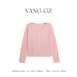 新款 YANG 露丝乐章 毛衣上衣女 V领提花毛织美利奴羊毛开衫