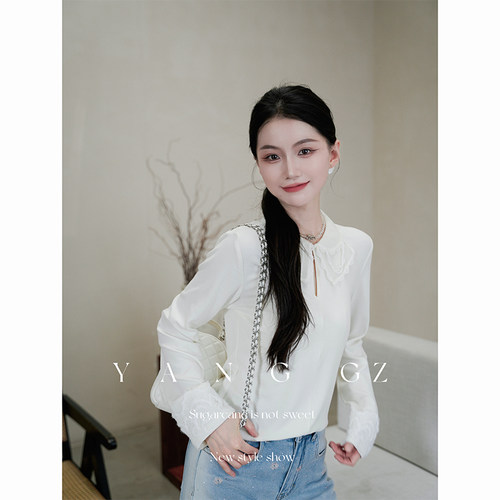 娃娃领半针织长袖打底衫上衣女