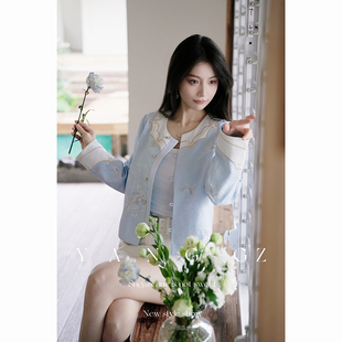 国风新款 YANG 新中式 蓝蝶 设计感清蝶栖香纹外套百搭上衣女