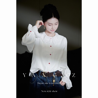 秋季复古荷叶边蕾丝袖衬衫上衣女