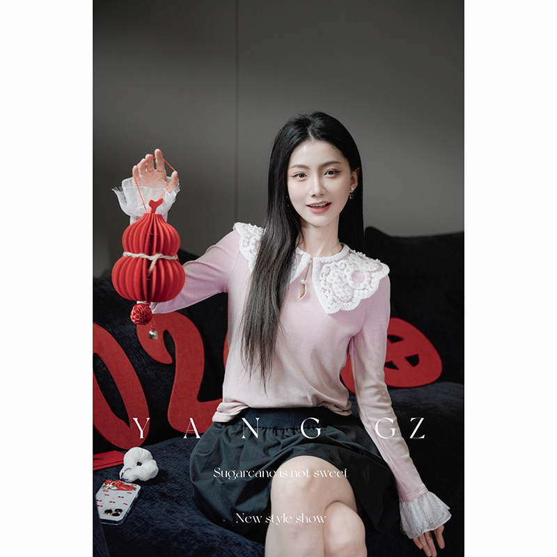 YANG GZ【调色盘】新中式新款娃娃领针织混纺面料打底衫上衣女