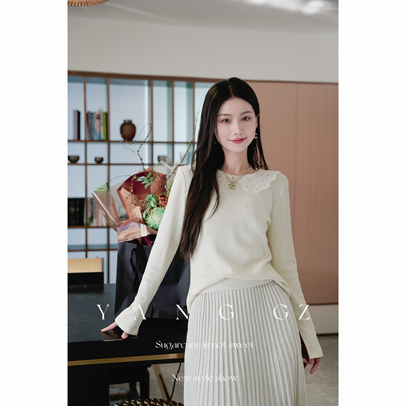 YANG GZ【小杏芙】新中式设计感蕾丝领高织高密针织打底上衣女,女装/女士精品,汉服上装,淘宝优惠券,粉丝福利购,淘宝优惠卷