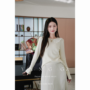 YANG GZ【小杏芙】新中式设计感蕾丝领高织高密针织打底上衣女