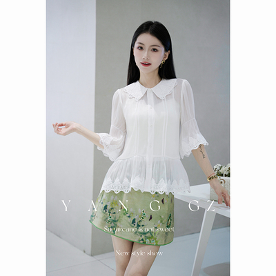 卷草纹设计感半袖衬衫上衣女