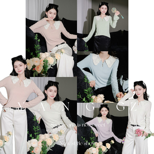 YANG GZ【醒春集】新中式新款设计感娃娃领针织长袖打底衫上衣女