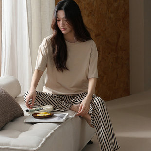 时尚 长裤 宽松大码 简约休闲条纹家居服套装 睡衣女薄款 2025夏季 短袖
