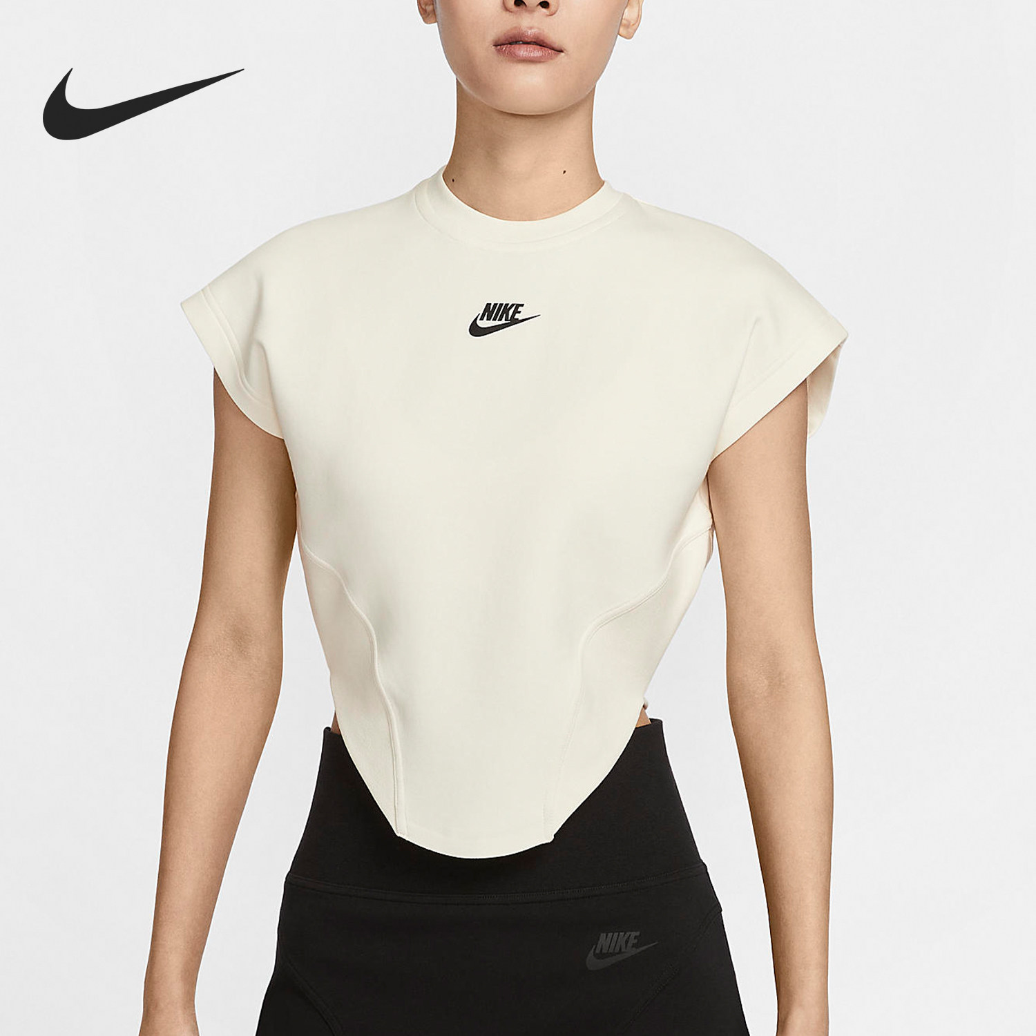 Nike/耐克正品高腰运动女士圆领针织不规则短袖T恤FQ1851-110