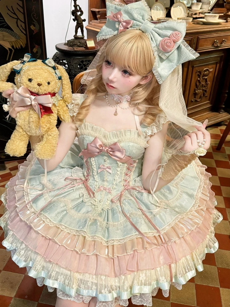 Залог] Ouhedu Sakura оригинальное JSK розовое-зелёное балетное стиль Lolita