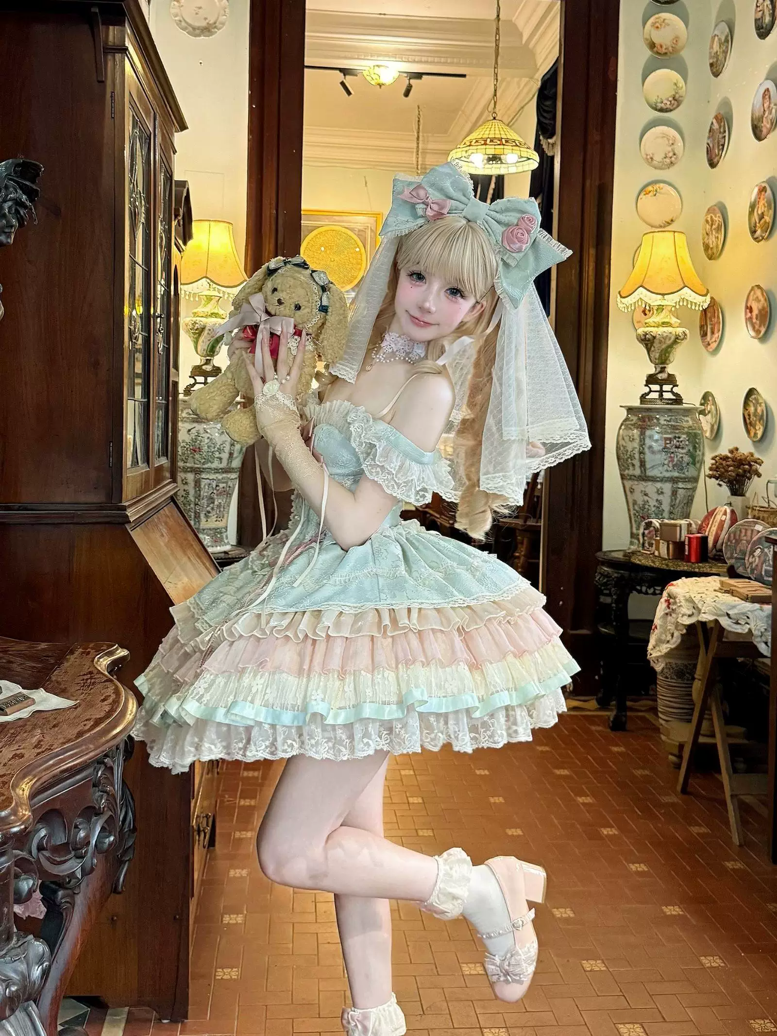 Залог] Ouhedu Sakura оригинальное JSK розовое-зелёное балетное стиль Lolita
