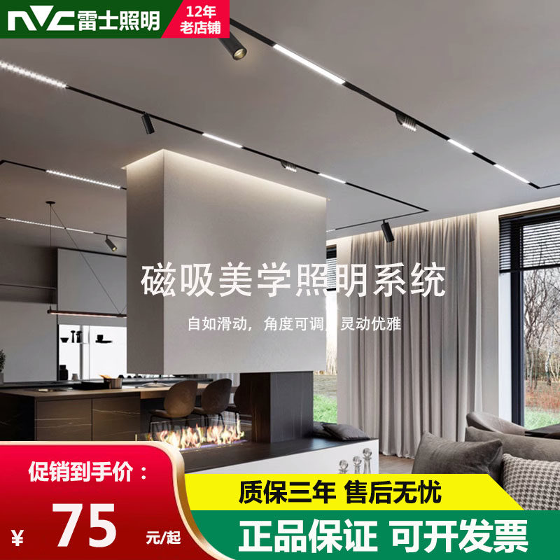 雷士照明磁吸轨道灯暗藏嵌入式新款超薄无边框无主灯线条射灯_虎窝淘