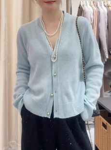 安西娅 山羊绒浅蓝V领开衫