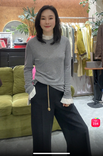 子面膜打底衫 安西娅 拼接网纱木耳袖