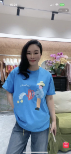 短袖 安西娅 蓝色浇水印花阔版