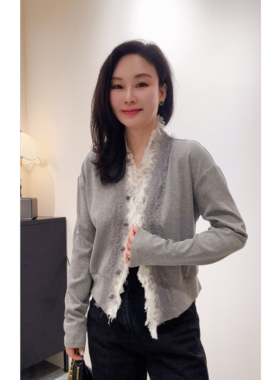 安西娅 法式流苏边V领针织开衫 气质通勤灰色外套