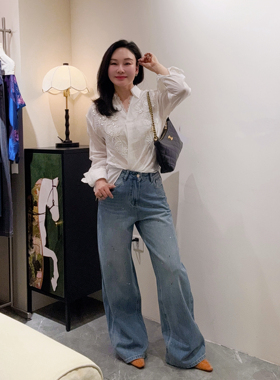 安西娅 重工水洗泼墨牛仔阔腿裤