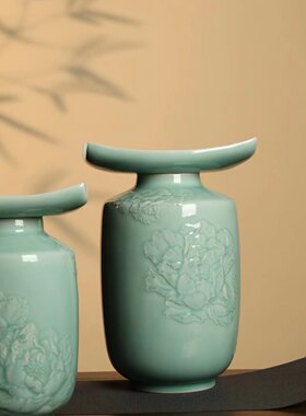 龙泉雷慧仙省大师青瓷手工作品《盛世牡丹》系列二 花瓶摆件
