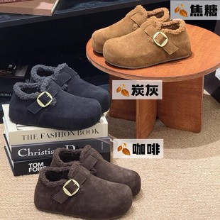 冬季加绒内增高勃肯鞋真皮厚底2025新款丑萌憨憨全包毛毛博肯鞋女