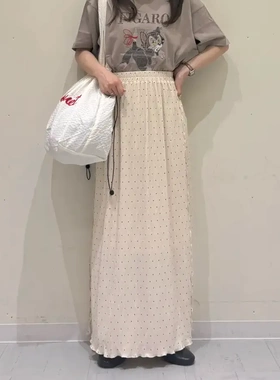 夏季日系SM2高腰褶皱光泽感垂坠木耳波浪边甜美复古直筒中长裙子