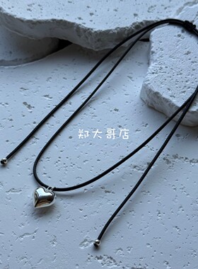 小众S925纯银素银爱心吊坠黑色蜡皮绳抽拉可调节设计叠戴项链