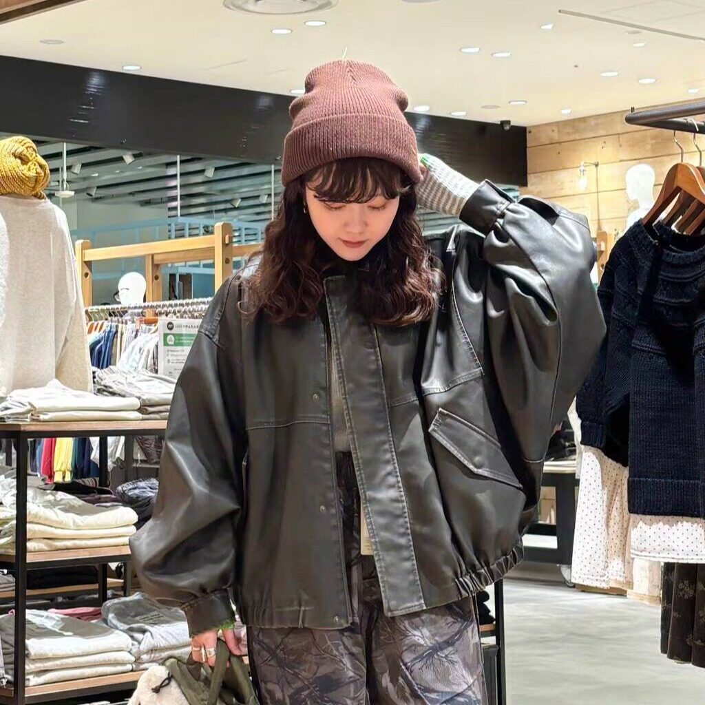 秋冬日系N翻领宽松小蝙蝠袖水洗做旧休闲帅气PU皮夹克皮衣外套
