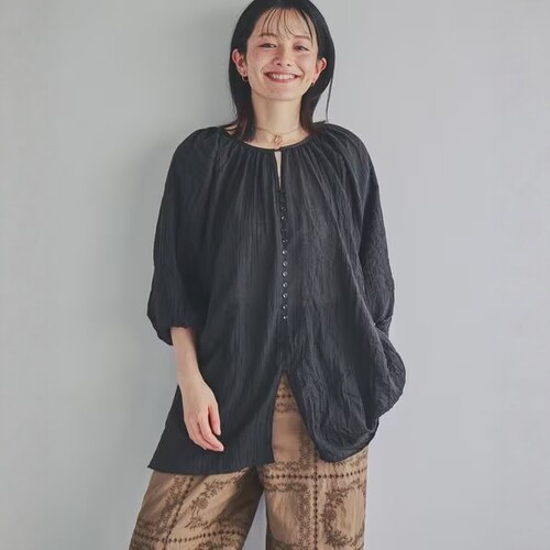 夏季日系SC插肩袖褶皱肌理感轻薄透感宽松中长款文艺风衬衫
