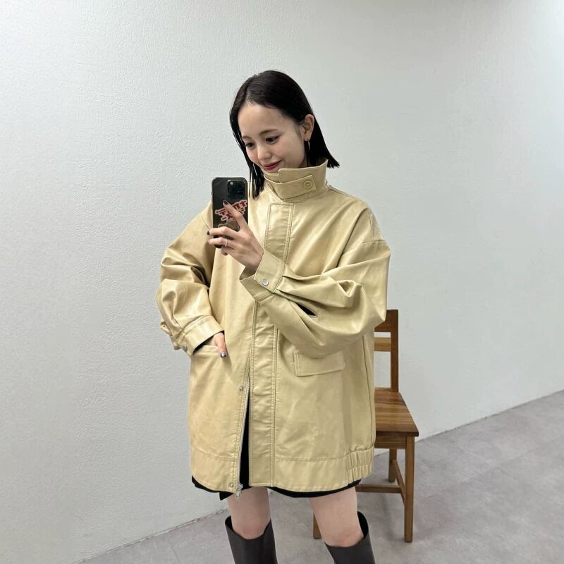 清 秋冬日系MY可立领宽松中长款帅气做旧复古PU皮衣外套夹克