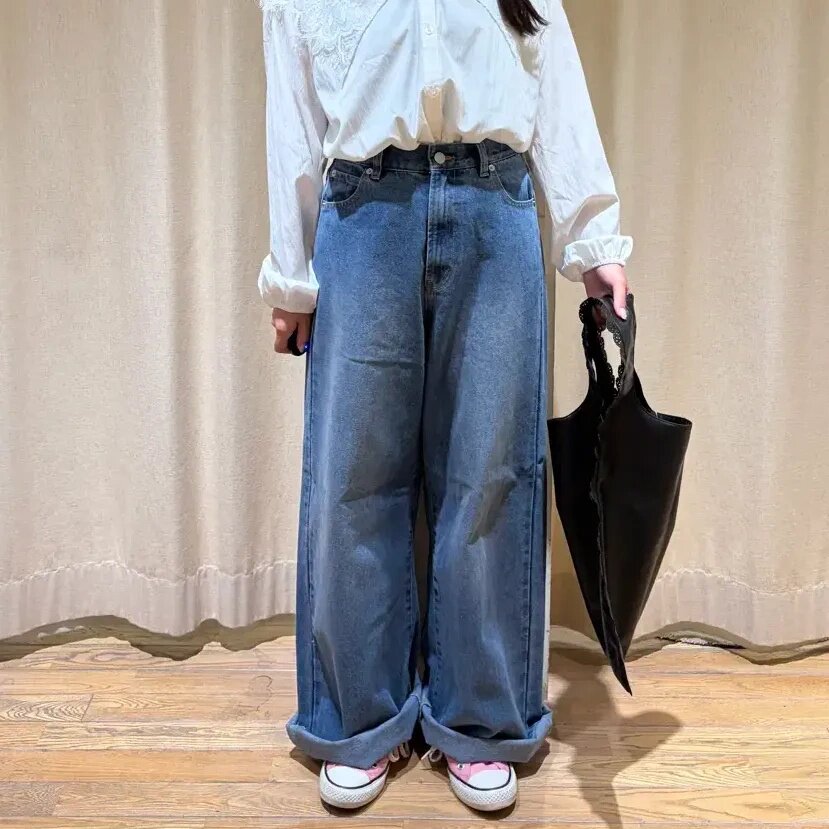 秋冬日系SM2高腰口袋拼接蕾丝花边休闲甜美直筒阔腿牛仔长裤