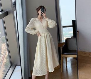 IDOLE奕多 含绵羊毛 高级感法式优雅拼接针织收腰显瘦连衣裙 M码