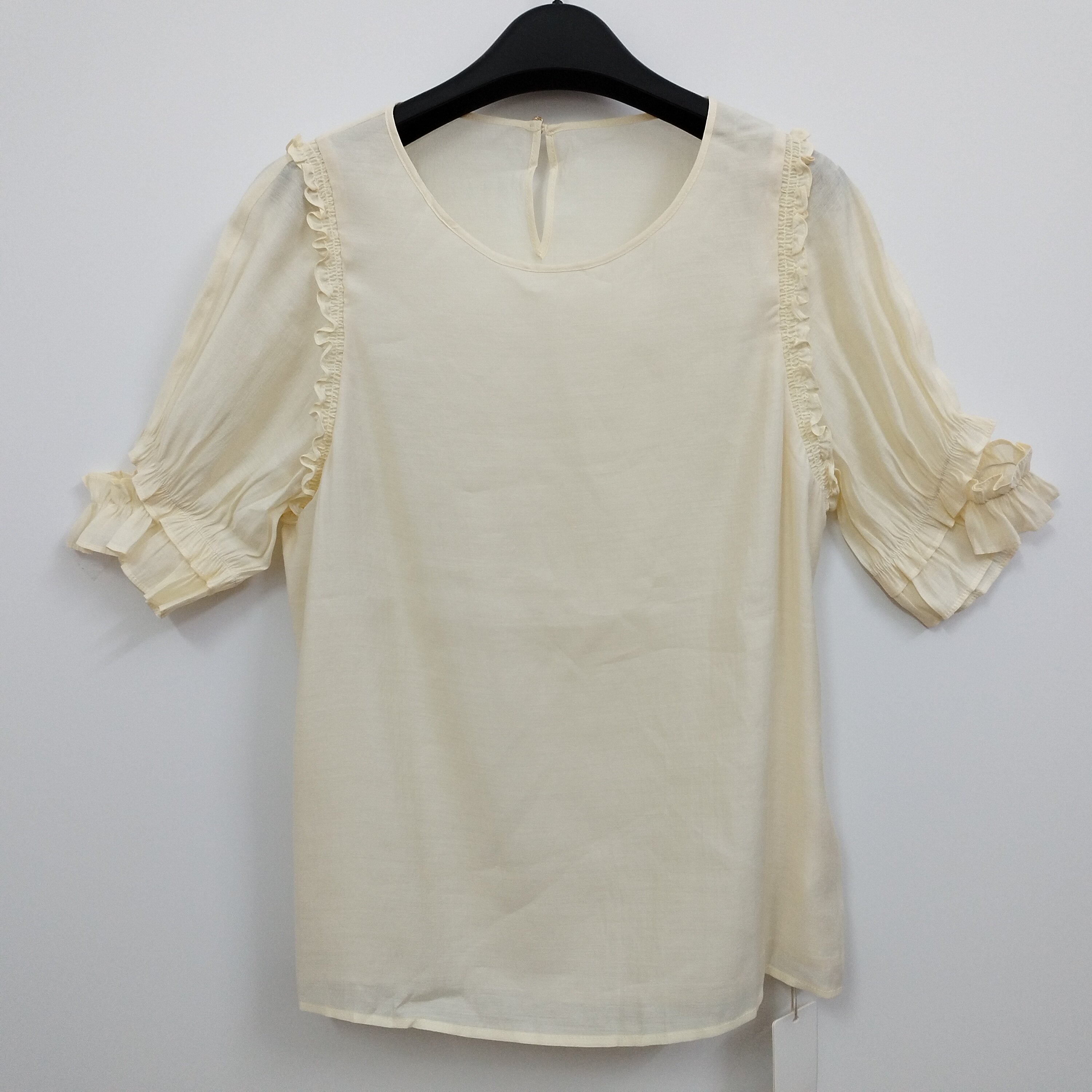 VELWIN蔚雯 高级感纯色木耳边泡泡袖宽松套头雪纺上衣 S/M/L码
