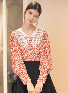 Lagogo拉谷谷 减龄甜美镂空撞色娃娃领雪纺碎花长袖上衣 S码