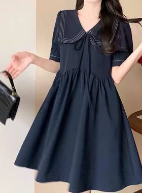 LAGOGO拉谷谷 学院风甜美藏青色减龄系带宽松版连衣裙 M码
