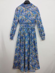 IDOLE奕多 高级感气质清新碎花松紧腰修身显瘦雪纺长款连衣裙 S码