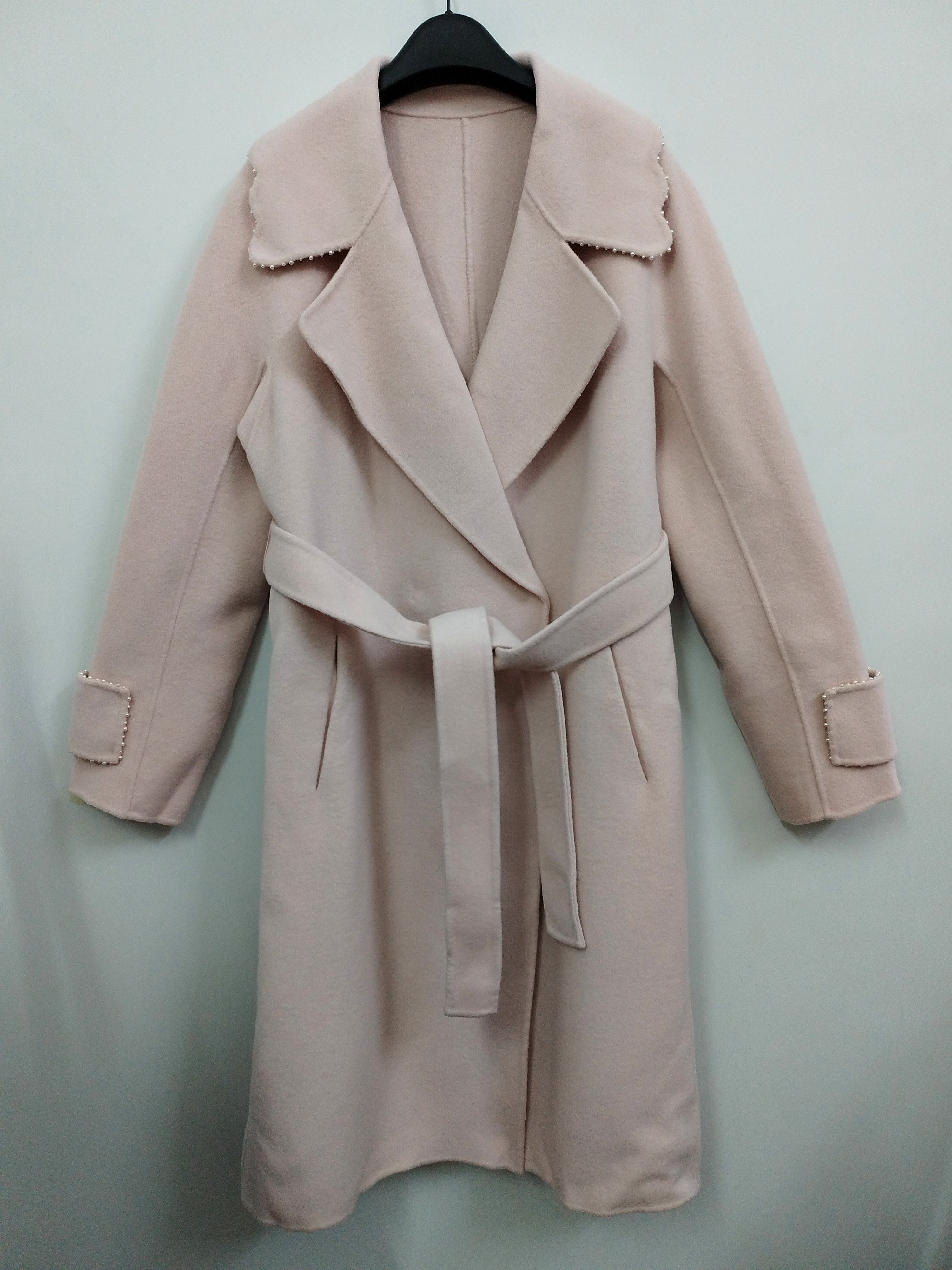 VELWIN蔚雯 绵羊毛 高级感气质甜美粉色双面呢羊毛大衣外套 M码