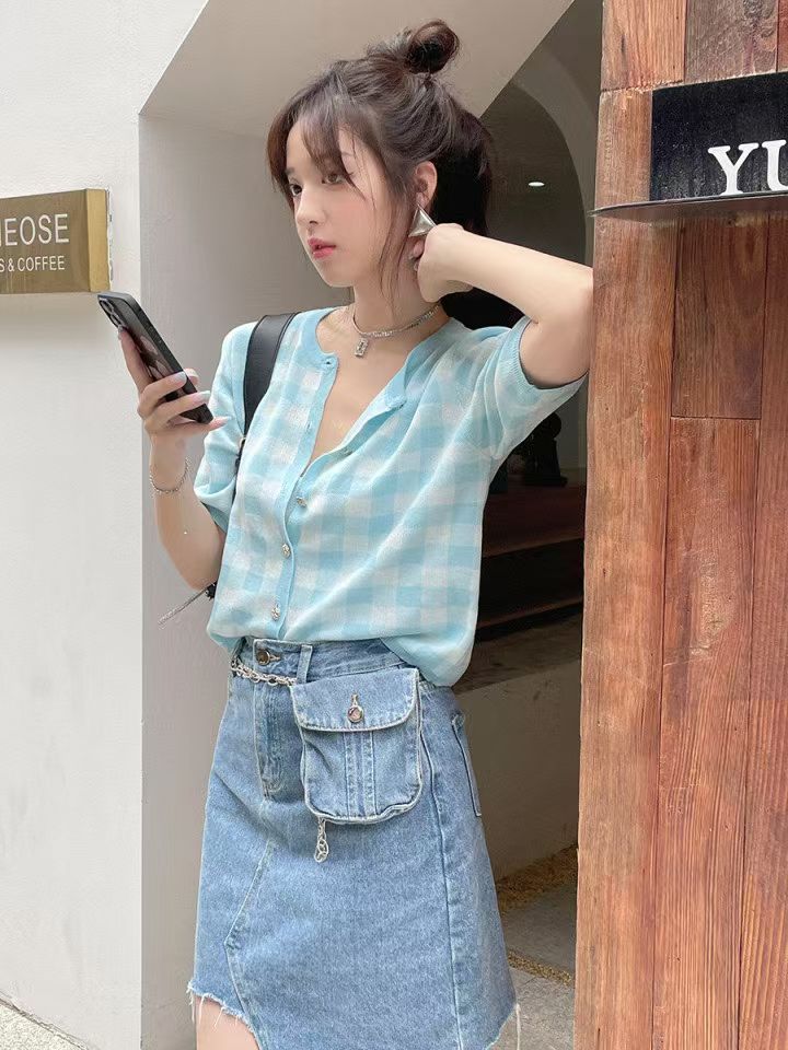 MIXBLU麦斯兰 高级感时尚百搭蓝色格子短款针织开衫+针织吊带 S码