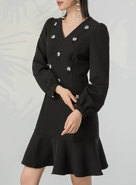 IDOLE奕多 高级感时尚通勤修身收腰显瘦气质长袖连衣裙 S/M/L码