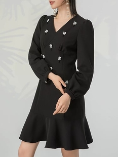 IDOLE奕多 高级感时尚通勤修身收腰显瘦气质长袖连衣裙 S/M/L码