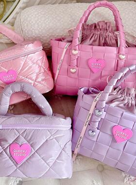 QueenJ Studio编织菜篮子包手提包沙滩包y2k化妆包丝绒抽绳收纳袋