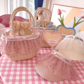 QueenJ Studio原创自制草编手提包少女心Lolita草编帽爱心草编扇