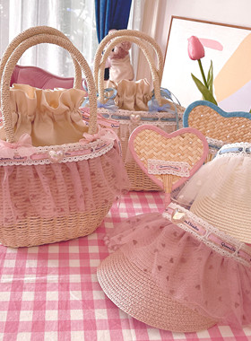 QueenJ Studio原创自制草编手提包少女心Lolita草编帽爱心草编扇
