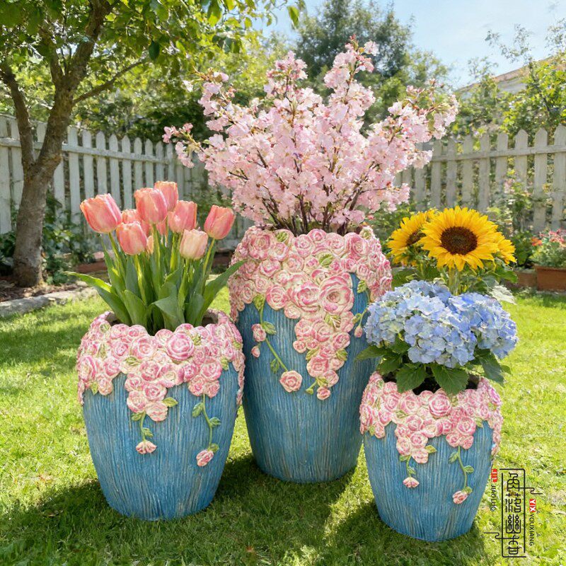 创意手工雕刻大号花盆户外摆件落地大号花器花园庭院家用阳台盆景