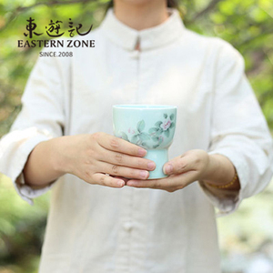东游记防烫茶杯陶瓷中式花卉高足杯茶道手握杯 结婚情侣水杯套装