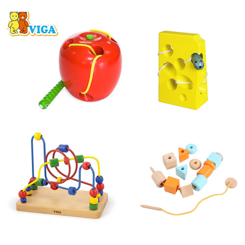 唯嘉VIGA 苹果虫子老鼠奶酪绕珠架穿线套装 幼儿早教蒙氏积木玩具